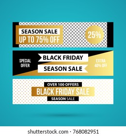 Three horizontal Black Friday banners in golden style on turquoise background