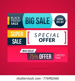 Three horizontal Black Friday banners in modern flat style on vibrant red background