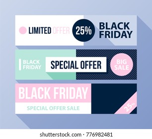 Three horizontal Black Friday banners with soft colors in flat style on blue background