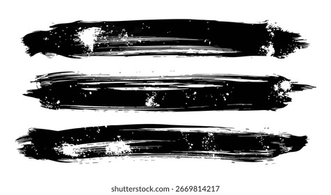 Tres Horizontales trazos de pintura negra con bordes ásperos y variaciones de textura