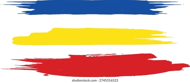 Three horizontal brush strokes in blue, yellow, and red on a white background, resembling a flag or artistic expression.