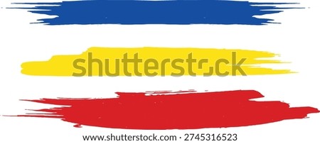 Three horizontal brush strokes in blue, yellow, and red on a white background, resembling a flag or artistic expression.