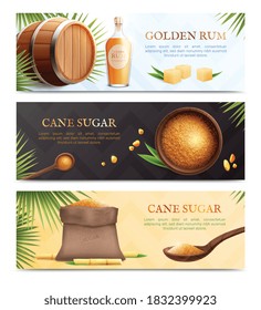 Three horizontal cane sugar realistic banner set with golden rum and sugar descriptions vector illustration 