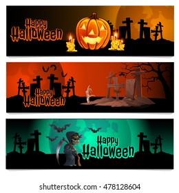 Three horizontal cards on the theme of the Halloween holiday. Vector illustration. 