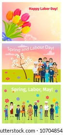 Three horizontal cards of spring, labor day in may vector illustration. Bouquet of tulips, service personnel on flowers and blossom tree on background.