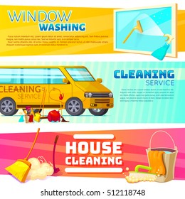 Three horizontal cleaning service banner set with window washing cleaning service and house cleaning headlines vector illustration