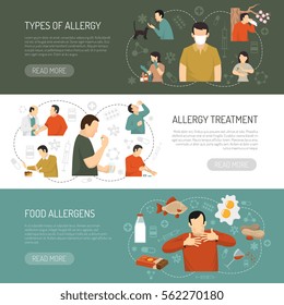 Tres banners horizontales de alergia coloreados con tipos de alergia tratamiento alergia alimentos descripciones alérgenas ilustraciones vectoriales