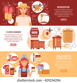 Three horizontal colored beekeeping banner set with descriptions of I love honey and welcome to honey store vector illustration