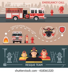 Three horizontal colored firefighter banner set with inscriptions of emergency call firefighters save lives and resque team vector illustration