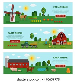 Three horizontal colored flat farm vegetables banner set with farm themes descriptions vector illustration