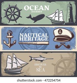 Three horizontal colored nautical banner set with titles ocean journey nautical heritage and discover the sea vector illustration