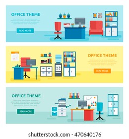 Three horizontal colored office banner set with office theme descriptions and buttons vector illustration