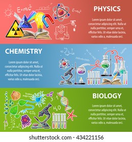 Three horizontal colored science banner set with descriptions of physics chemistry and biology vector illustration