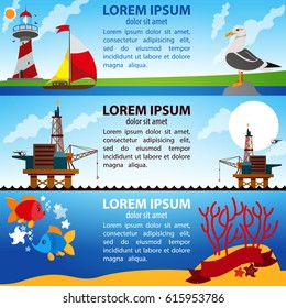 Three horizontal colorful banner with illustrations on a theme of the sea.