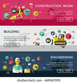 Three horizontal construction banner set with construction work building engineering descriptions vector illustration