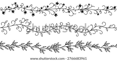 Three horizontal decorative borders featuring black curling vines, leaves, and small blossoms on a white background. Vector illustration
