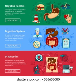 Three horizontal digestive system flat banner set with negative factors diagnostics and digestive systems descriptions vector illustration
