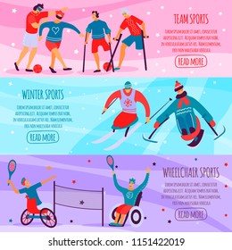 Three horizontal disabled people sport flat banner set with team winter and wheelchair sports descriptions vector illustration