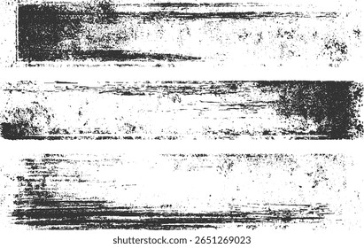 Tres texturas de trazo de pincel negro angustiado Horizontal sobre un fondo blanco.