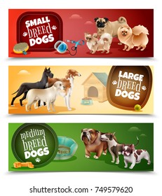 Three horizontal dog breeds banner set with small large and medium breeds vector illustration