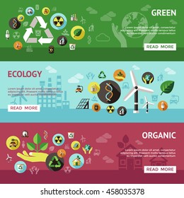 Three horizontal ecology banner set with green ecology organic descriptions and buttons vector illustration