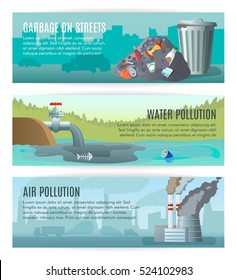 Three horizontal ecology banners set about different kinds of pollution with outdoor landscapes and editable text vector illustration