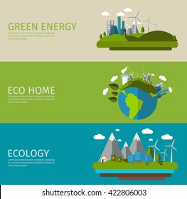 Three horizontal ecology flat banner set with titles green energy eco home and ecology vector illustration