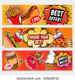 Three horizontal fast food comics banner set with best offer choose your set and simple math descriptions vector illustration
