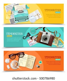 Three horizontal flat banners with vintage journalist typewriter and other tools for work isolated vector illustration