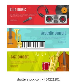 Three horizontal flat music banner set with headlines club music acoustic concert jazz concert vector illustration