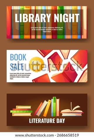 Three horizontal flyers featuring colorful books with text. Templates for flyers featuring abstract literature for library readings and educational events, store sales, and bookstore promotions.
