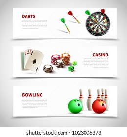 Three horizontal games realistic composition set with darts casino and bowling headlines vector illustration