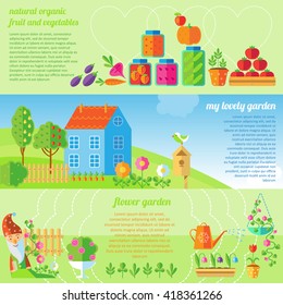 Three horizontal garden banner set colored with different elements and inspiring texts vector illustration