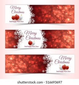 Three horizontal glowing banners with christmas balls and snowflakes ornament flat isolated vector illustration