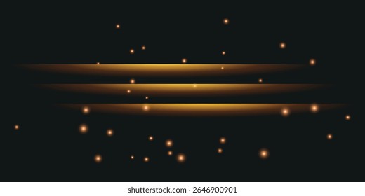 three horizontal golden rays of light on a dark background, surrounded by small luminous dots that create the effect of radiance or outer space.