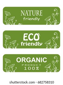 Three horizontal green banners with hand drawn floral elements and text Nature and Eco friendly, Organic product 100%. Vector eco design