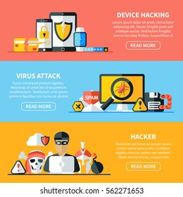 Three horizontal hackers banners set with flat electronic device images editable text and read more button vector illustration