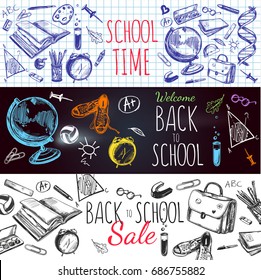 Three horizontal hand drawn back to school banner set with title school time vector illustration