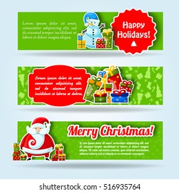 Three horizontal holiday banner set with green background christmas elements and headlines vector illustration