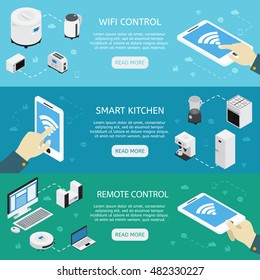 Three horizontal home appliances isometrics banner set with wifi control smart kitchen remote control descriptions vector illustration