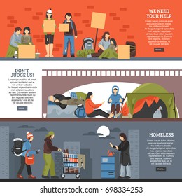 Three horizontal homeless people horizontal banner set we need your help dont judge us and homeless descriptions vector illustration