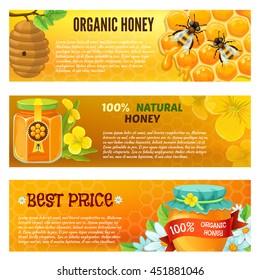 Three horizontal honey banner set with descriptions of organic honey natural honey vector illustration