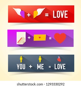 Three horizontal isolated banner set in different colors with love and you plus me is love descriptions vector illustration
