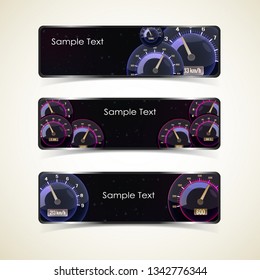 Three horizontal isolated different styles speedometers interface banner set with place for text vector illustration