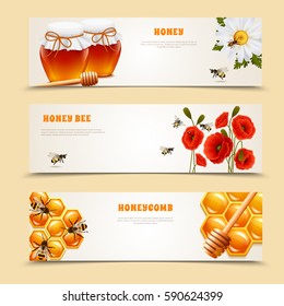 Three horizontal isolated honey banner set with honey honey bee and honeycomb headlines vector illustration