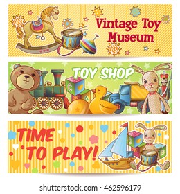 Three horizontal kids toys banner set with vintage toy museum toy shop time to play descriptions vector illustration