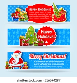 Three horizontal light blue happy holidays banner set with red headlines and with santas gifts vector illustration