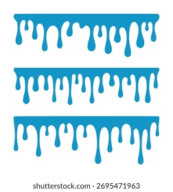 Três linhas horizontais de líquido gotejante azul criam bordas decorativas contra um fundo branco limpo.