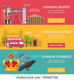 Three horizontal london banner set with London sights culture and symbols descriptions vector illustration
