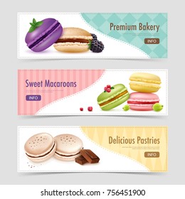 Three horizontal macaroons banners set with realistic macaroon goods and berries images text and info button vector illustration